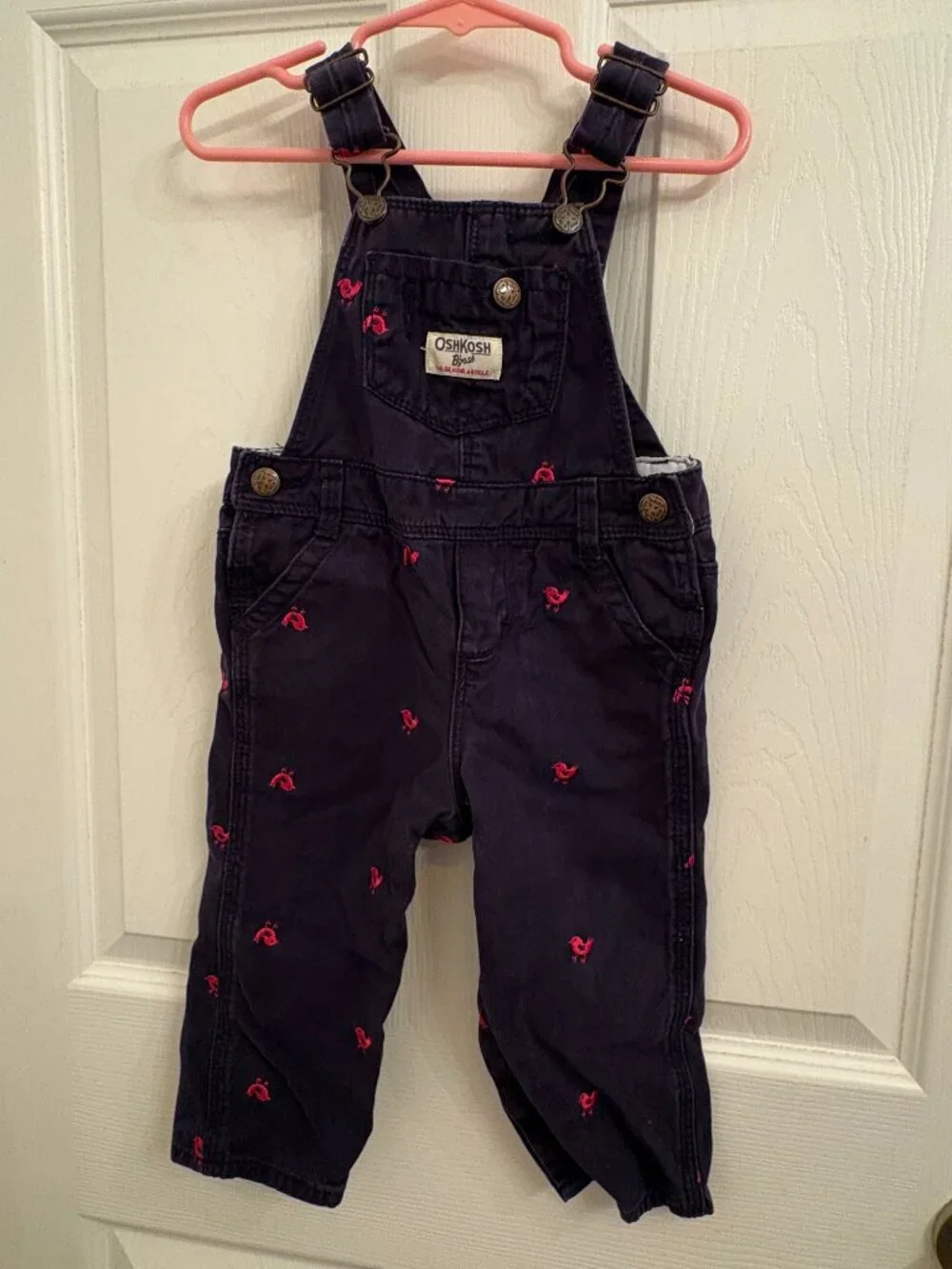 OshKosh B'gosh Blue Overalls Pink Bird Embroidered Snap Leg size 18 months